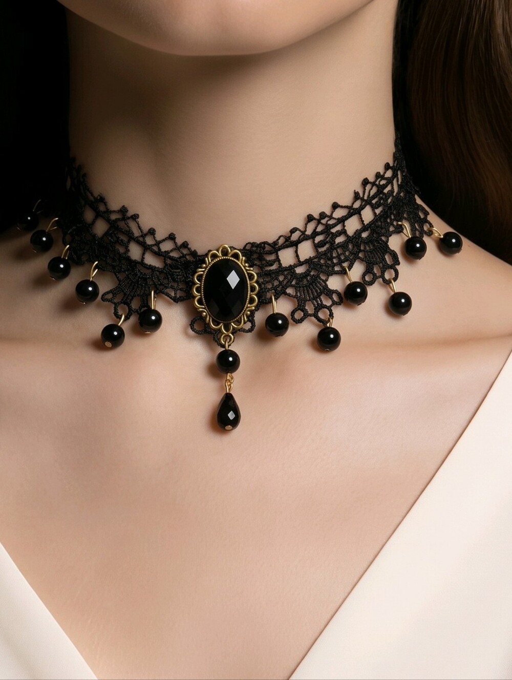 Gothic Lace Choker Black Gem Cathedral Beaded Necklace Dark Romance Goth Glamour